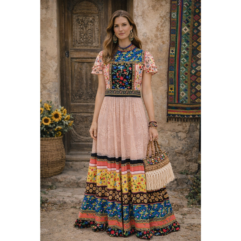 Vicky and Lucas Boho Multicolor Maxi Tiered Dress Size S Prairie Artsy Eclectic
